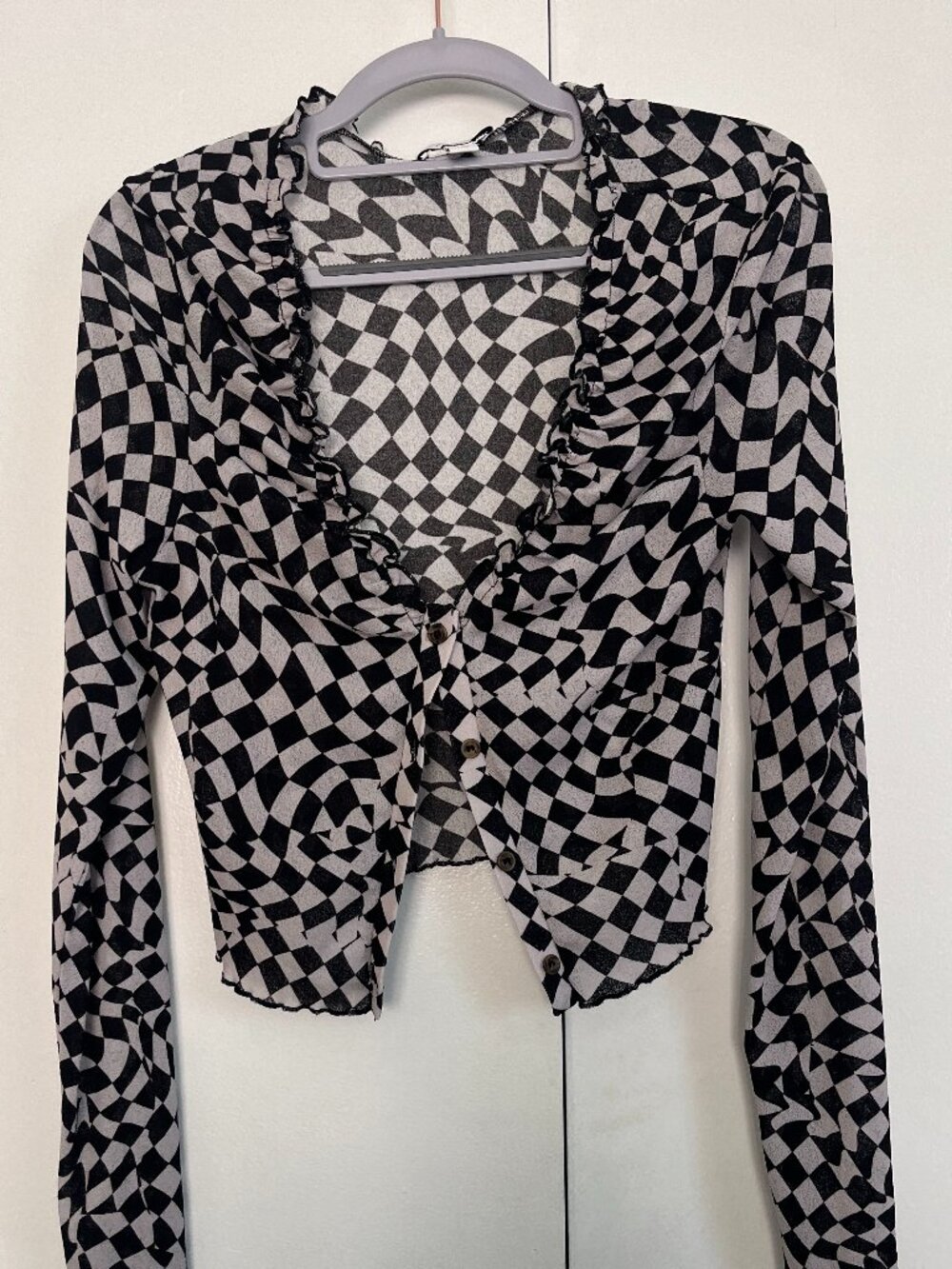 Topshop (tall) mesh checkerboard print button front top - size M
